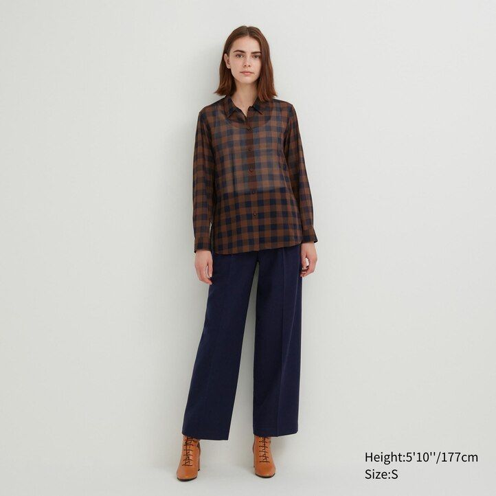 blusa da donna uniqlo in cotone trasparente beige a quadri