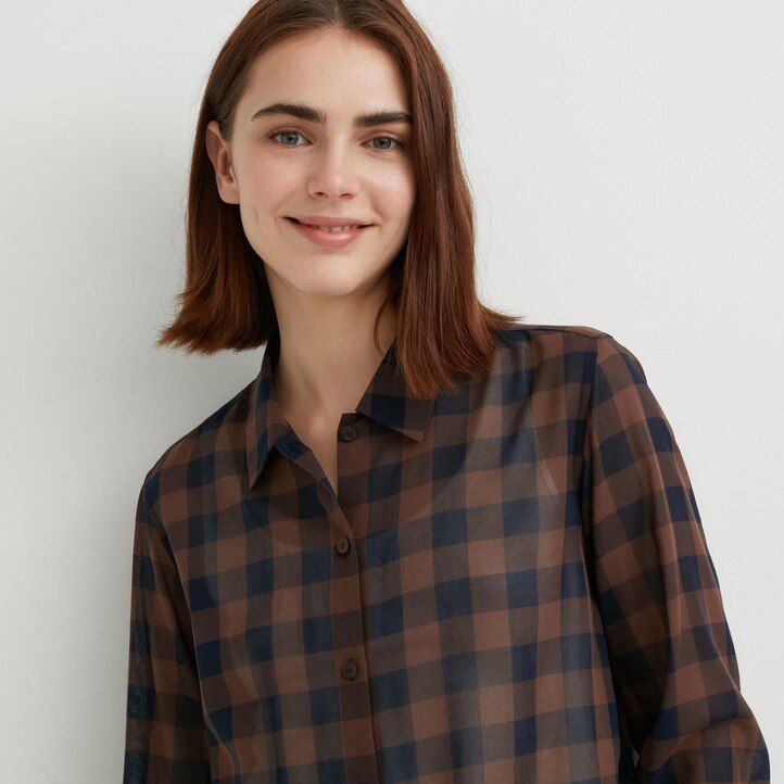 blusa da donna uniqlo in cotone trasparente beige a quadri