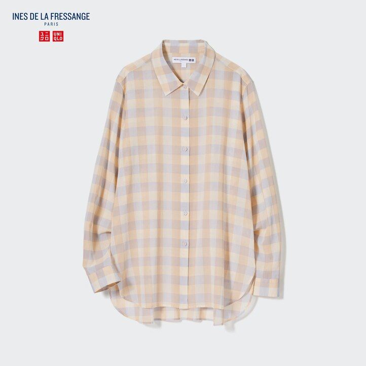 blusa da donna uniqlo in cotone trasparente beige a quadri
