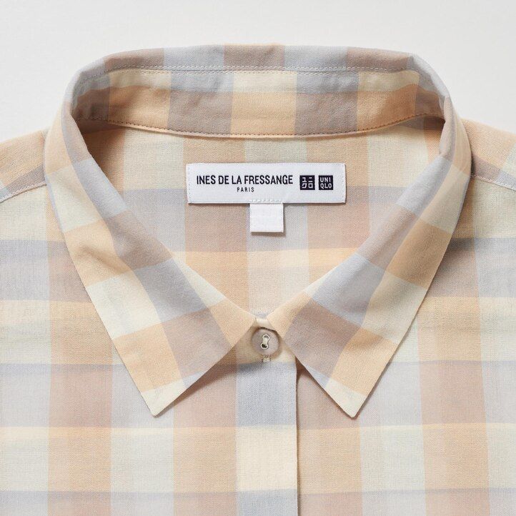 blusa da donna uniqlo in cotone trasparente beige a quadri