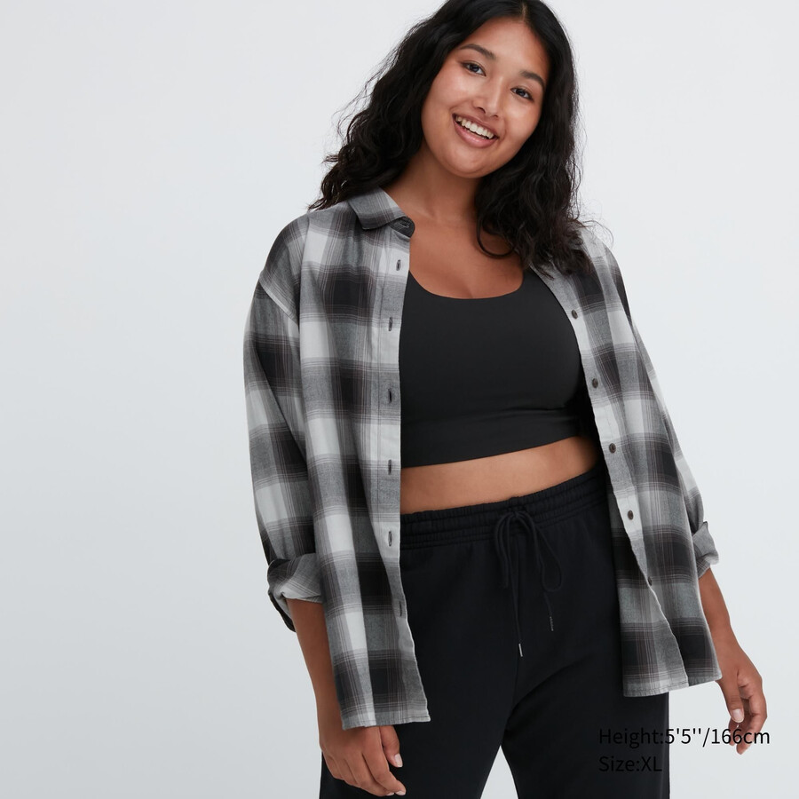 blusa a maniche corte a quadri uniqlo soft brushed da donna grigia