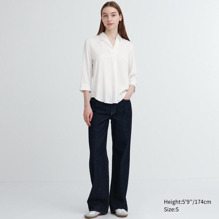 blusa da donna uniqlo con colletto alla coreana a righe in rayon maniche 34