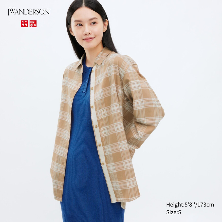 blusa da donna uniqlo flannel checkedline beige