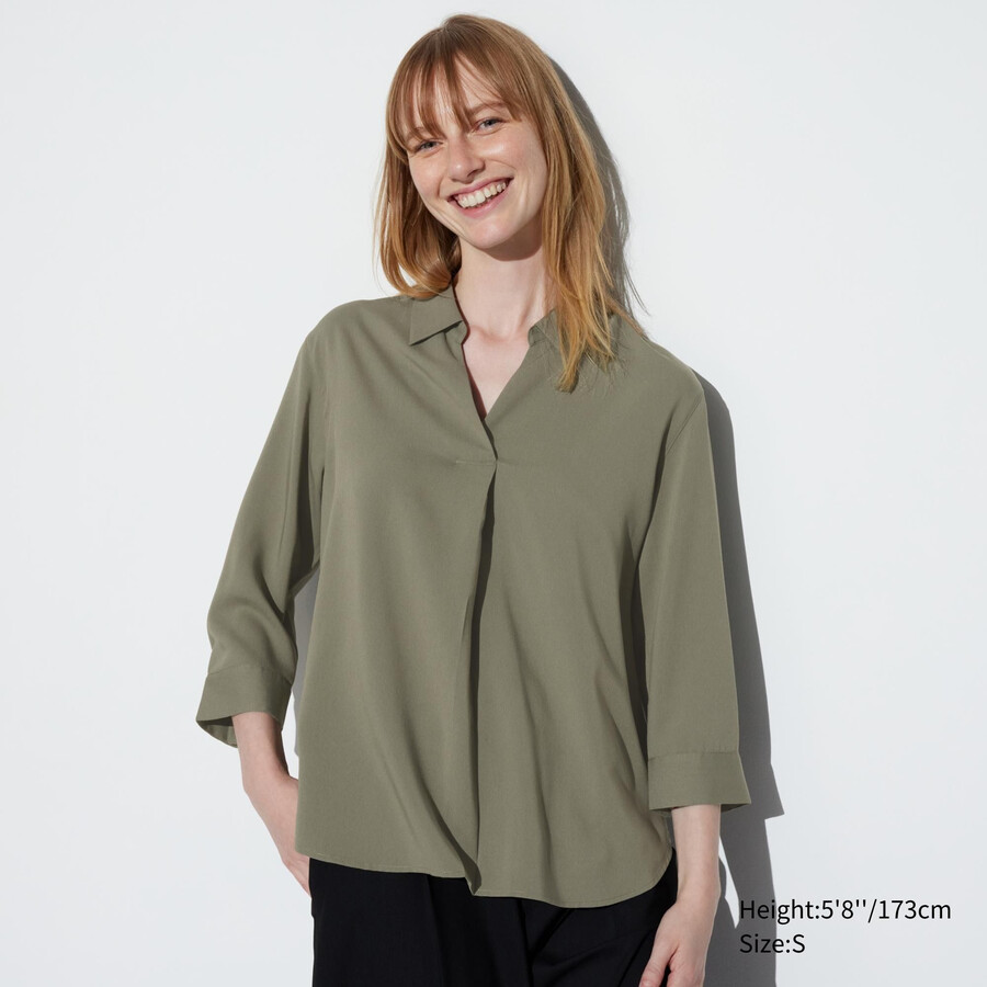 blusa da donna uniqlo in rayon oliva con colletto alla coreana e maniche 34