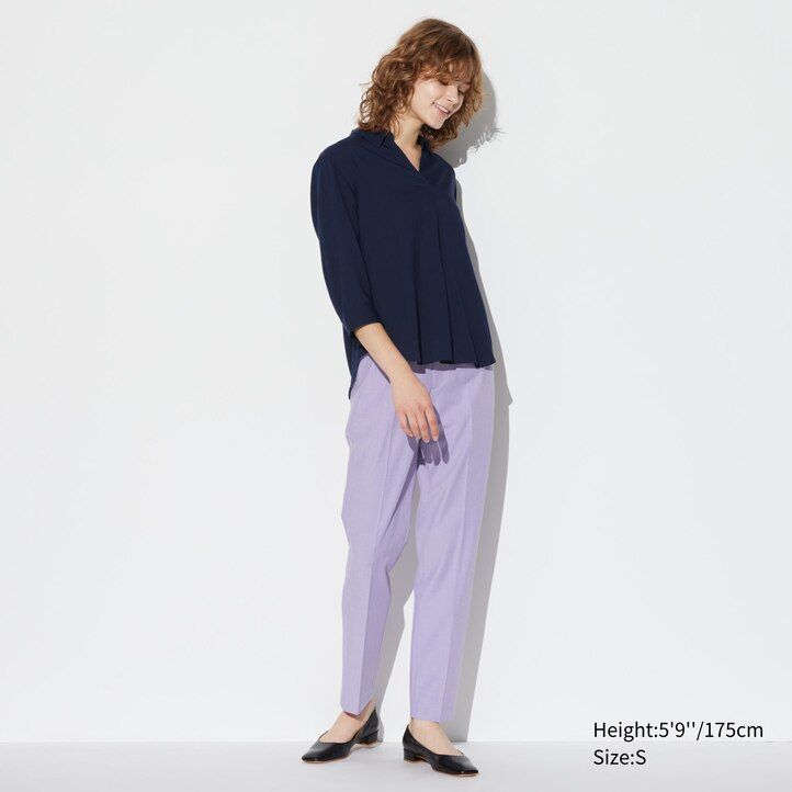 blusa da donna uniqlo in rayon oliva con colletto alla coreana e maniche 34