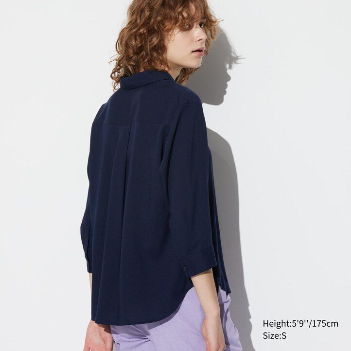 blusa da donna uniqlo in rayon oliva con colletto alla coreana e maniche 34