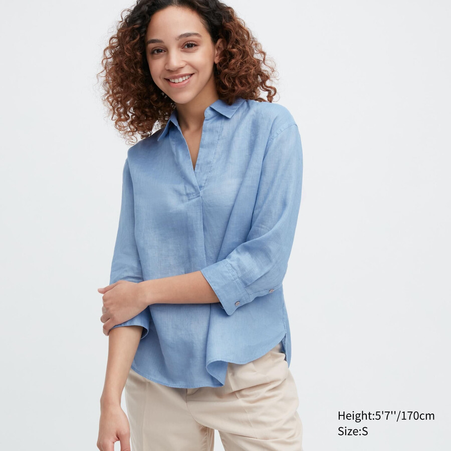 blusa da donna uniqlo 100 lino premium con colletto alla coreana e maniche 34 blu