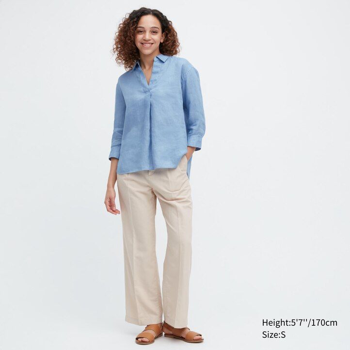 blusa da donna uniqlo 100 lino premium con colletto alla coreana e maniche 34 blu