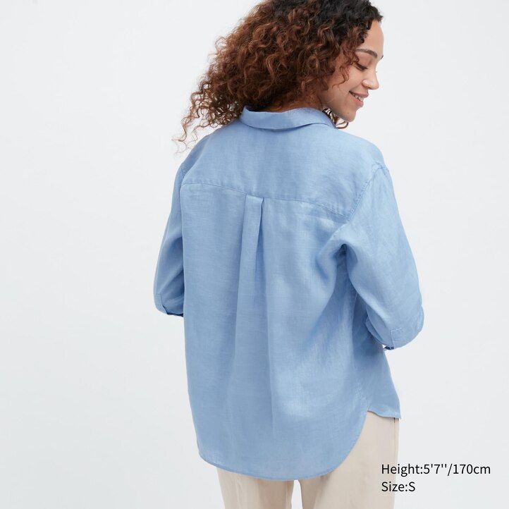 blusa da donna uniqlo 100 lino premium con colletto alla coreana e maniche 34 blu
