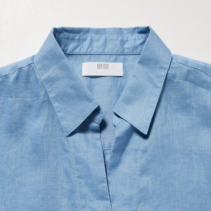blusa da donna uniqlo 100 lino premium con colletto alla coreana e maniche 34 blu