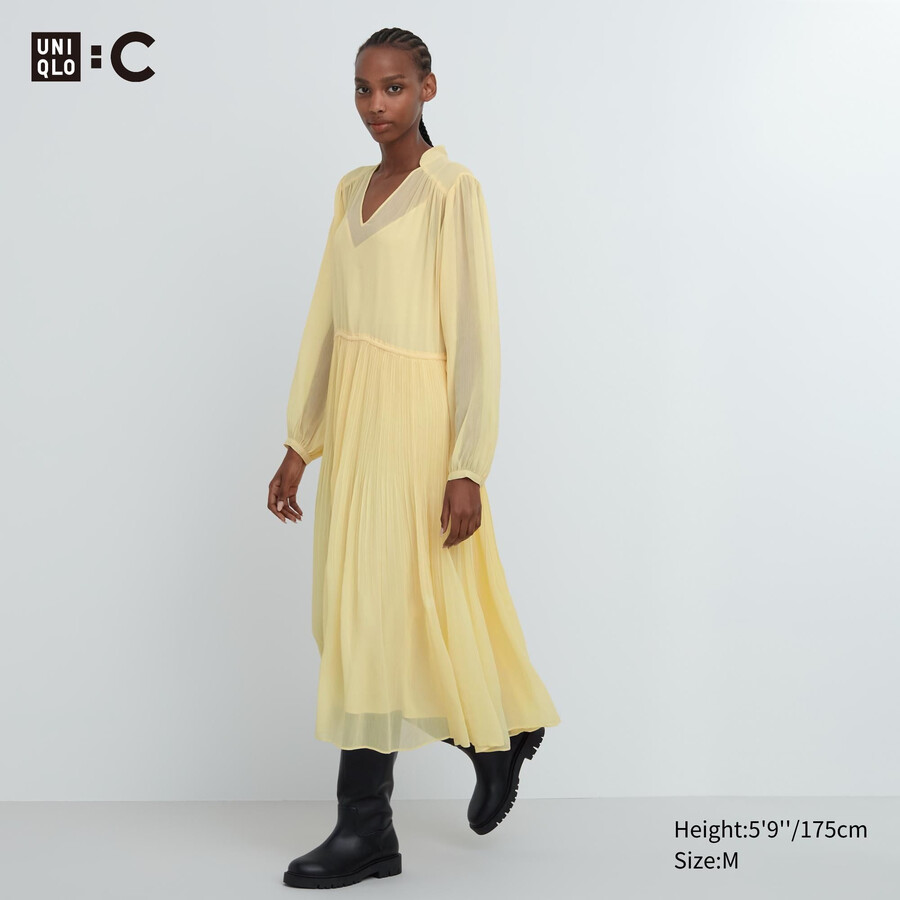 abito da donna uniqlo in chiffon con maniche plissettate giallo