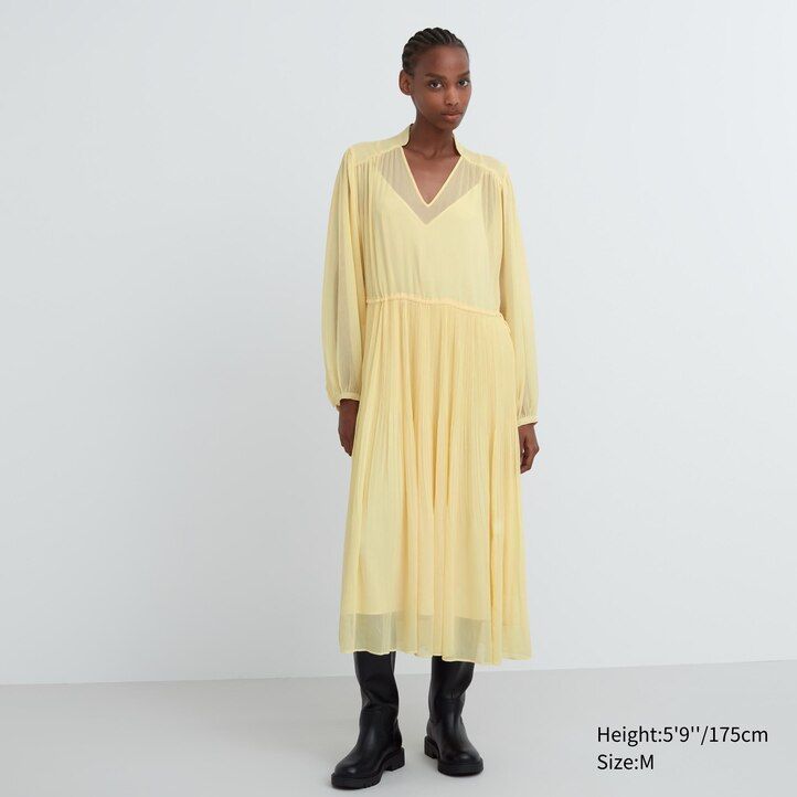 abito da donna uniqlo in chiffon con maniche plissettate giallo