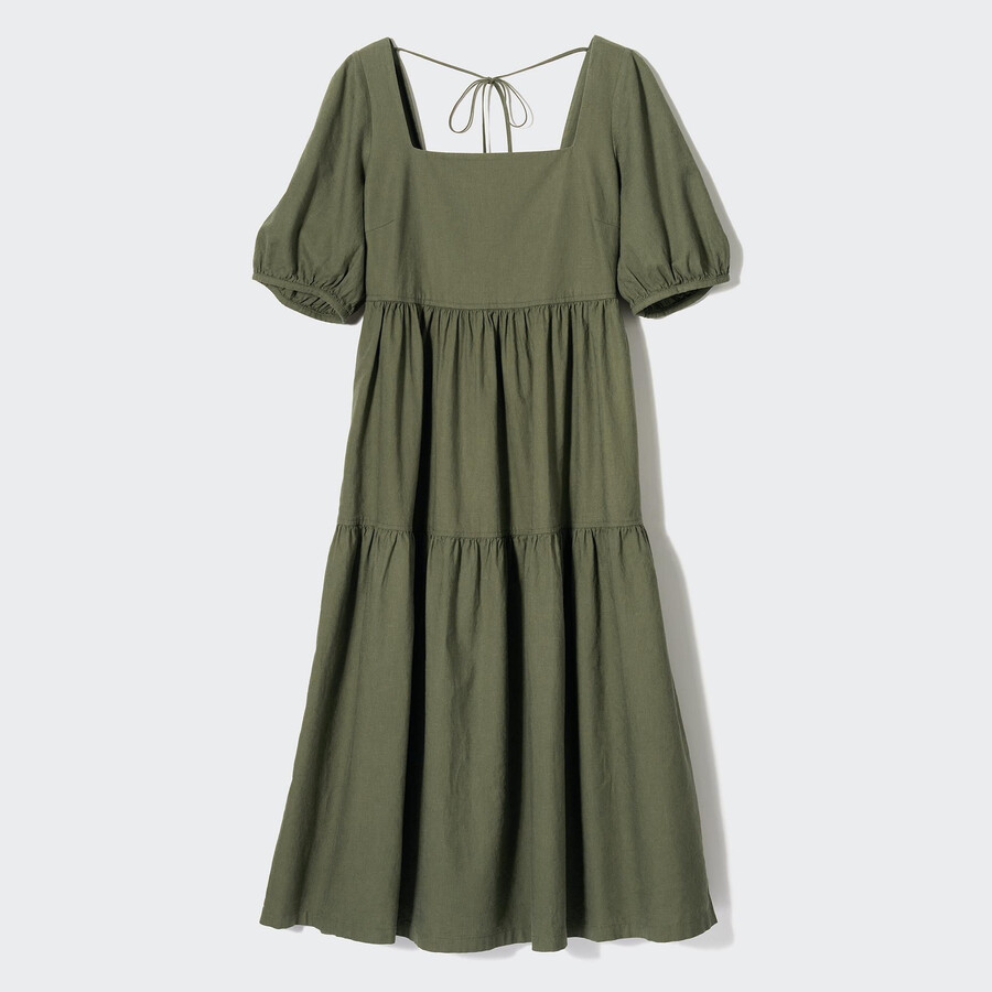 abito uniqlo da donna in misto lino con maniche voluminose e arricciature colore oliva