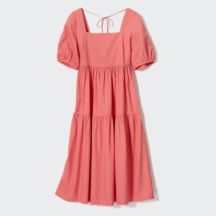 abito uniqlo da donna in misto lino con maniche voluminose e arricciature colore oliva