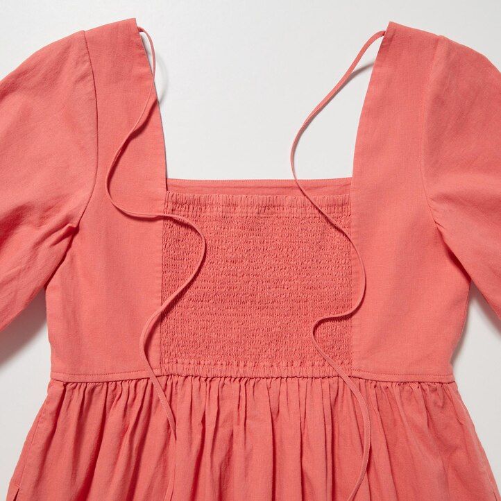 abito uniqlo da donna in misto lino con maniche voluminose e arricciature colore oliva