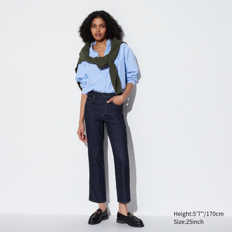 jeans uniqlo slim fit da donna a gamba dritta alla caviglia blu navy