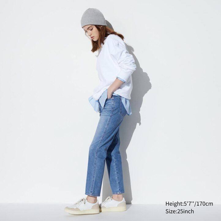 jeans uniqlo slim fit da donna a gamba dritta alla caviglia blu navy