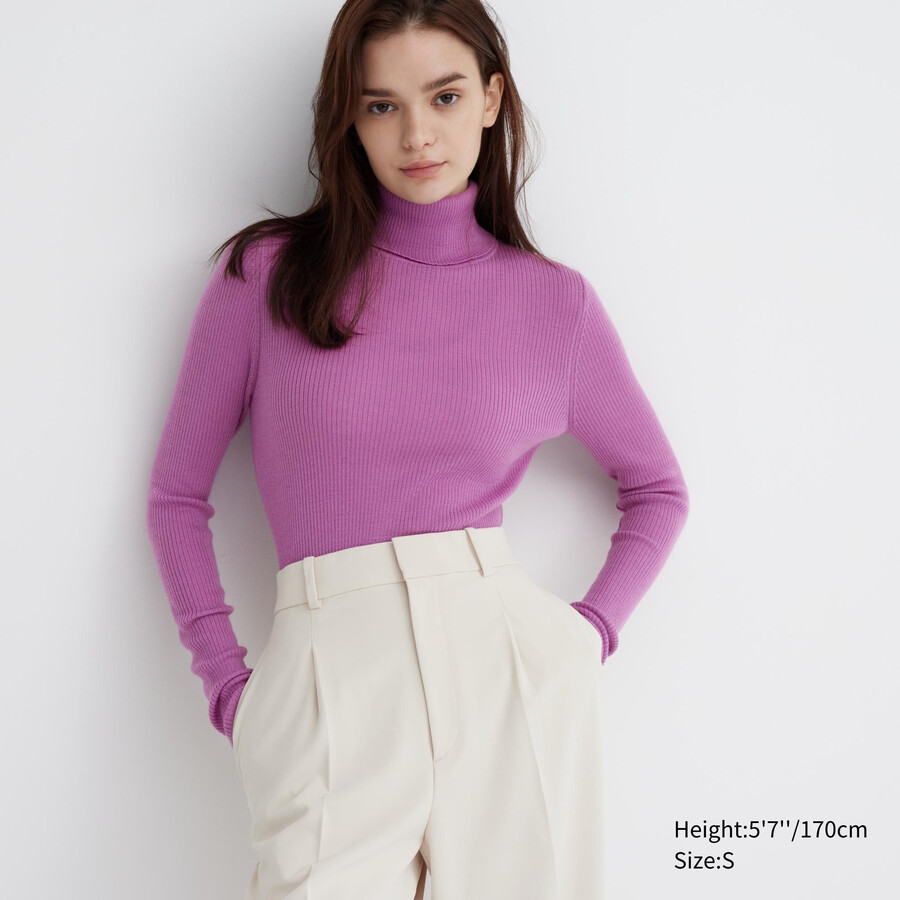 maglioni a coste uniqlo 100 lana merino extra fine da donna viola
