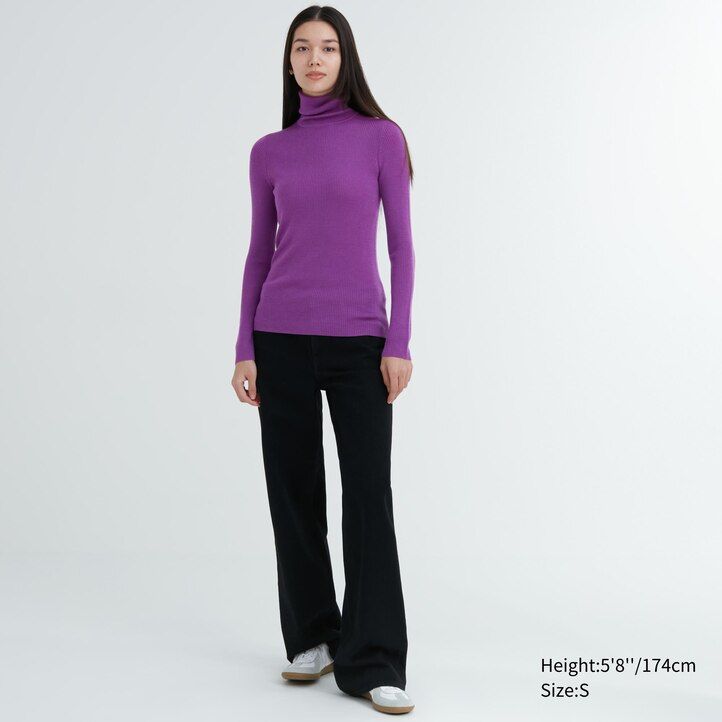 maglioni a coste uniqlo 100 lana merino extra fine da donna viola