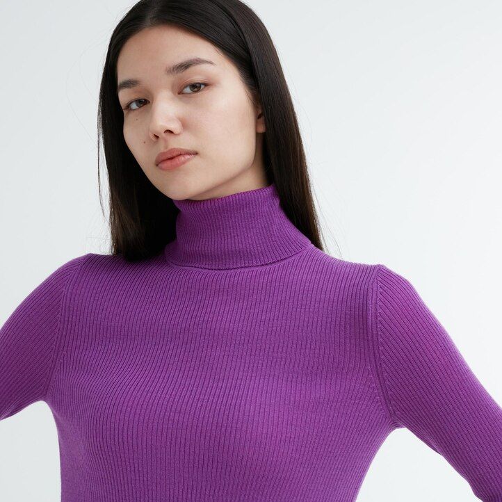 maglioni a coste uniqlo 100 lana merino extra fine da donna viola