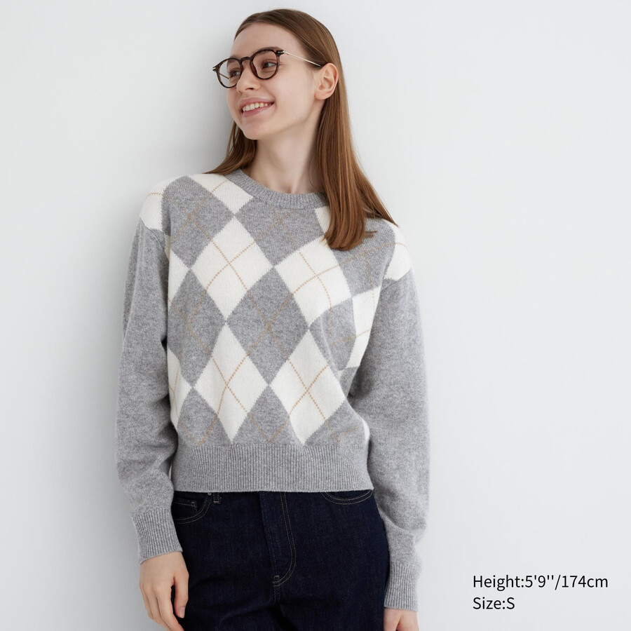 maglioni girocollo in lana dagnello argyle uniqlo premium da donna grigio chiaro