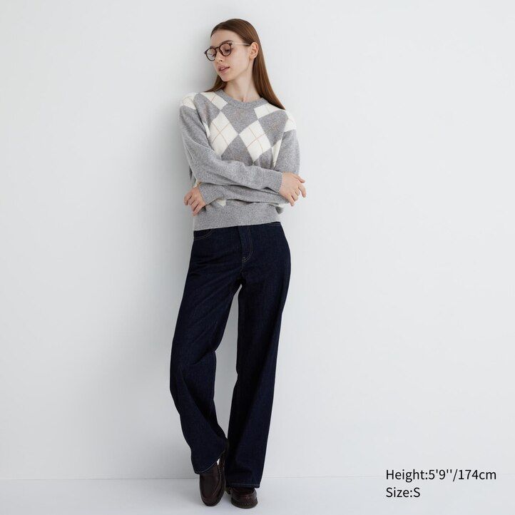 maglioni girocollo in lana dagnello argyle uniqlo premium da donna grigio chiaro