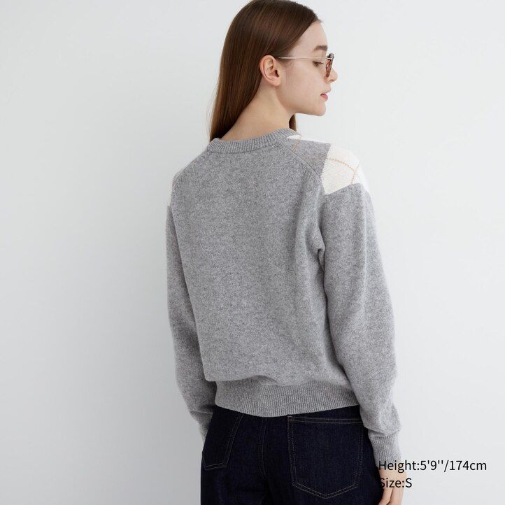 maglioni girocollo in lana dagnello argyle uniqlo premium da donna grigio chiaro