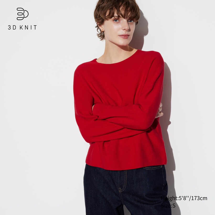 maglioni da donna uniqlo in maglia 3d senza cuciture in cotone con scollo rotondo rossi