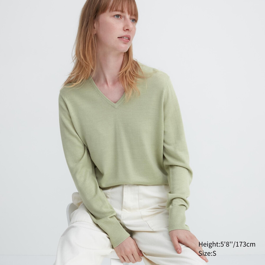 maglioni da donna uniqlo in lana merino extra fine 100 verde con scollo a v