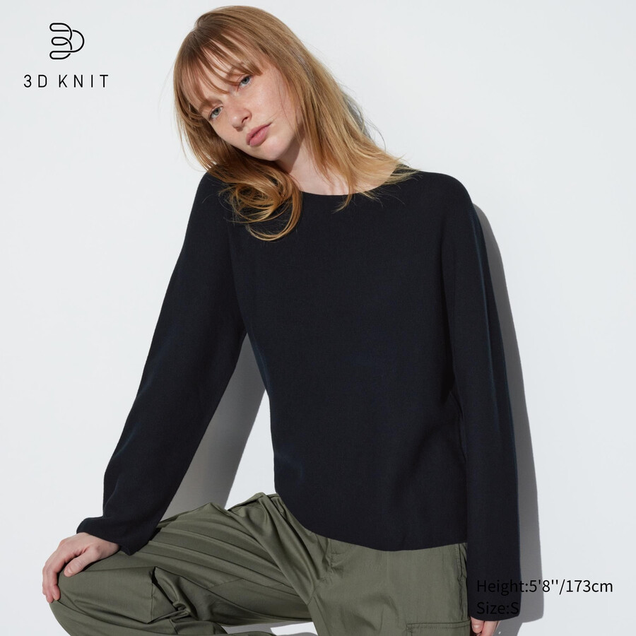 maglioni da donna in cotone senza cuciture e maglia 3d uniqlo neri con scollo rotondo
