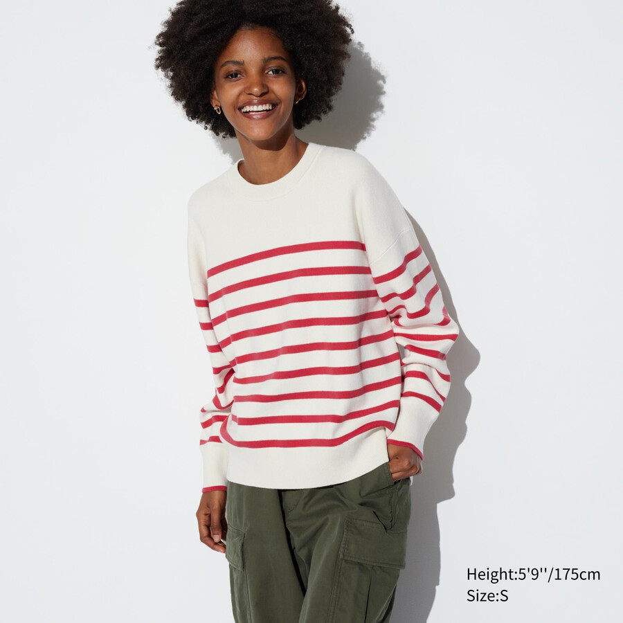 maglioni da donna uniqlo in cotone liscio rosso con scollo rotondo a righe e vestibilità rilassata