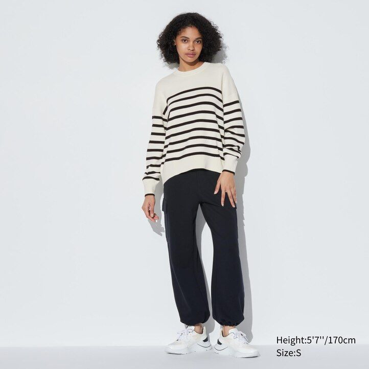 maglioni da donna uniqlo in cotone liscio rosso con scollo rotondo a righe e vestibilità rilassata