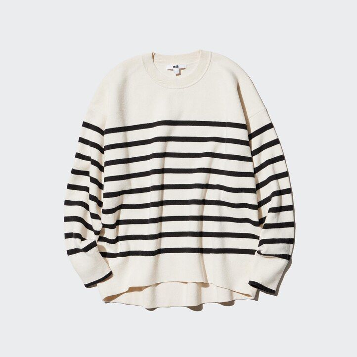 maglioni da donna uniqlo in cotone liscio rosso con scollo rotondo a righe e vestibilità rilassata