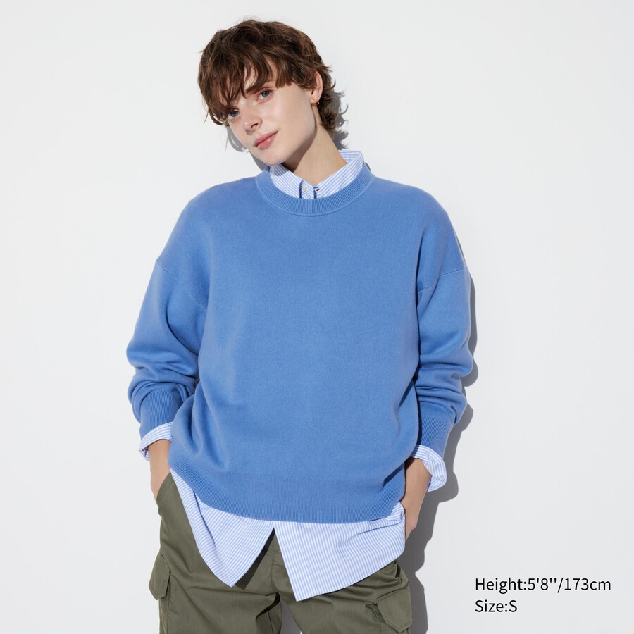 maglioni girocollo in cotone liscio uniqlo da donna blu vestibilità rilassata