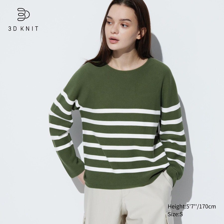 maglioni da donna uniqlo in maglia 3d senza cuciture a righe girocollo colore oliva