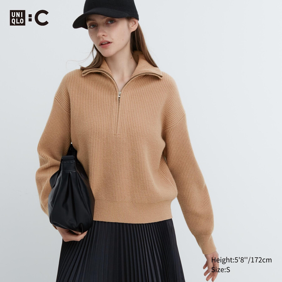 maglioni da donna uniqlo premium in lana dagnello con mezza zip beige