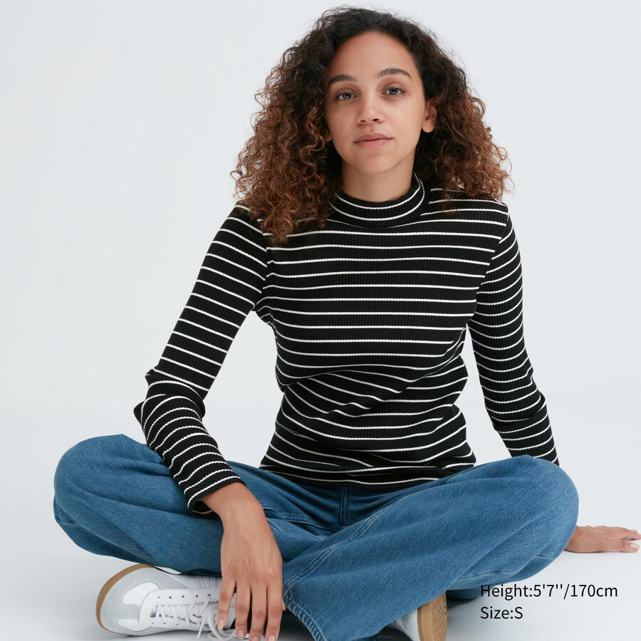 magliette a maniche lunghe con collo alto e righe a coste uniqlo da donna nere