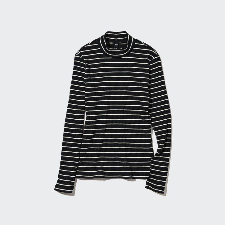 magliette a maniche lunghe con collo alto e righe a coste uniqlo da donna nere