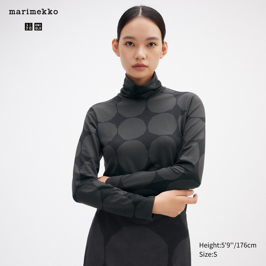 magliette termiche da donna uniqlo heattech con maniche stampate a pois grigio scuro