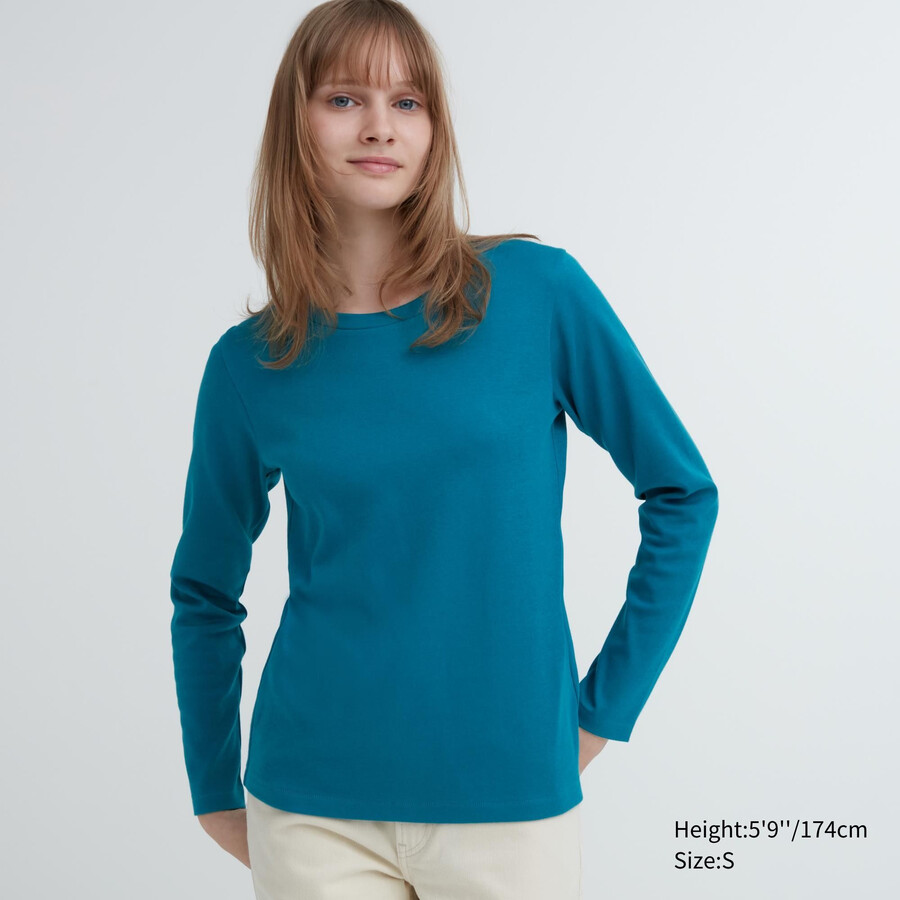 magliette da donna uniqlo smooth cotton stretch con scollo rotondo e maniche lunghe verdi