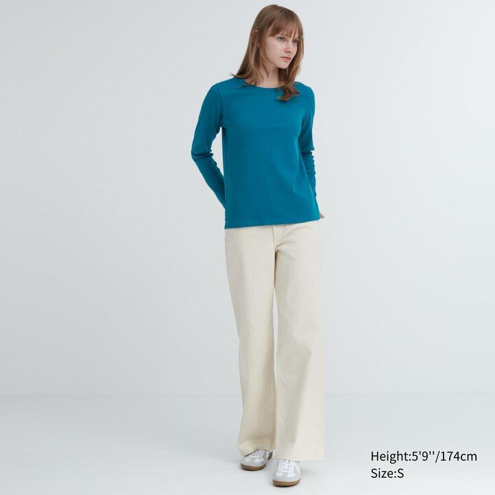magliette da donna uniqlo smooth cotton stretch con scollo rotondo e maniche lunghe verdi
