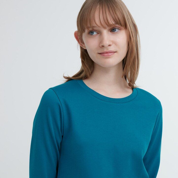 magliette da donna uniqlo smooth cotton stretch con scollo rotondo e maniche lunghe verdi