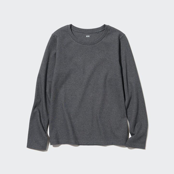 magliette da donna uniqlo smooth cotton stretch con scollo rotondo e maniche lunghe verdi