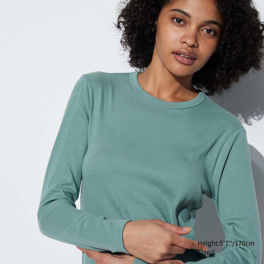 magliette da donna uniqlo verdi con scollo rotondo e maniche a costine morbide