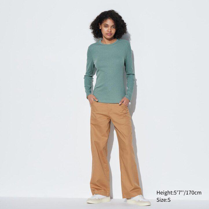 magliette da donna uniqlo verdi con scollo rotondo e maniche a costine morbide