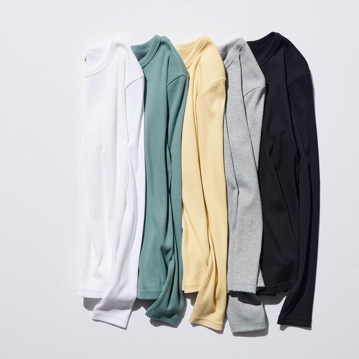 magliette da donna uniqlo verdi con scollo rotondo e maniche a costine morbide