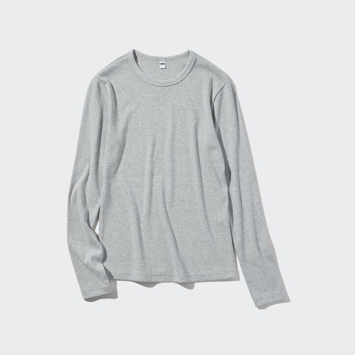 magliette da donna uniqlo verdi con scollo rotondo e maniche a costine morbide