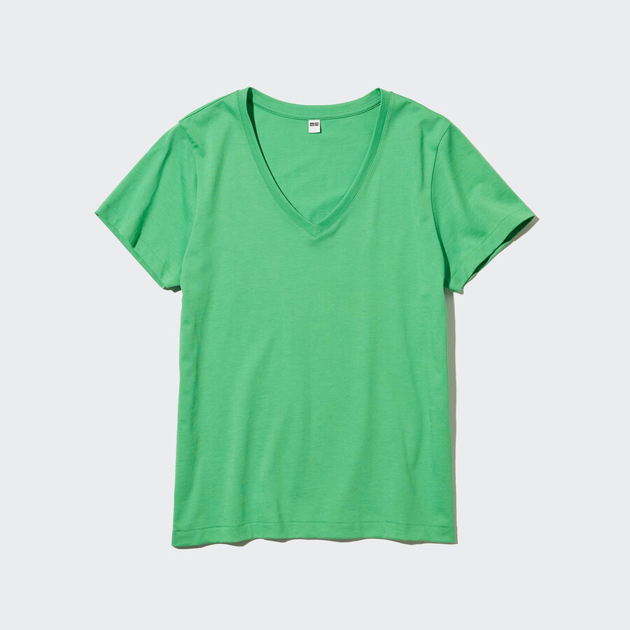 magliette da donna uniqlo in cotone supima 100 verde con scollo a v