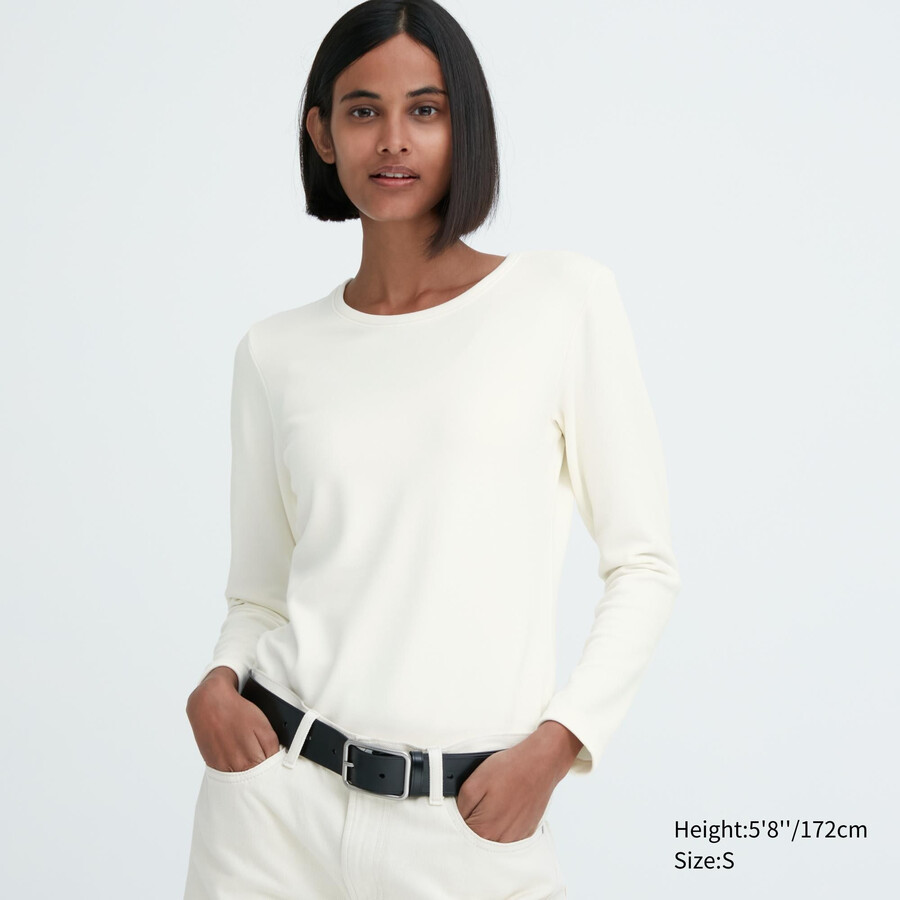 magliette termiche da donna uniqlo heattech ultra warm con scollo rotondo e maniche lunghe bianche