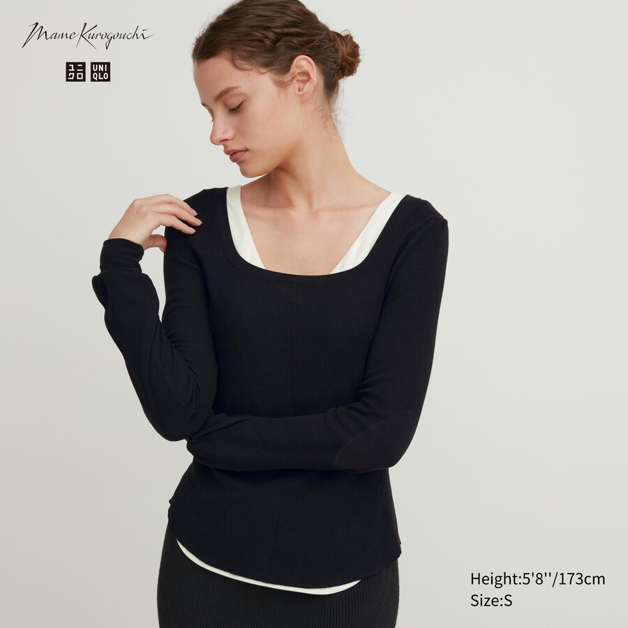 magliette termiche da donna uniqlo heattech extra warm waffle con scollo quadrato e maniche corte nere